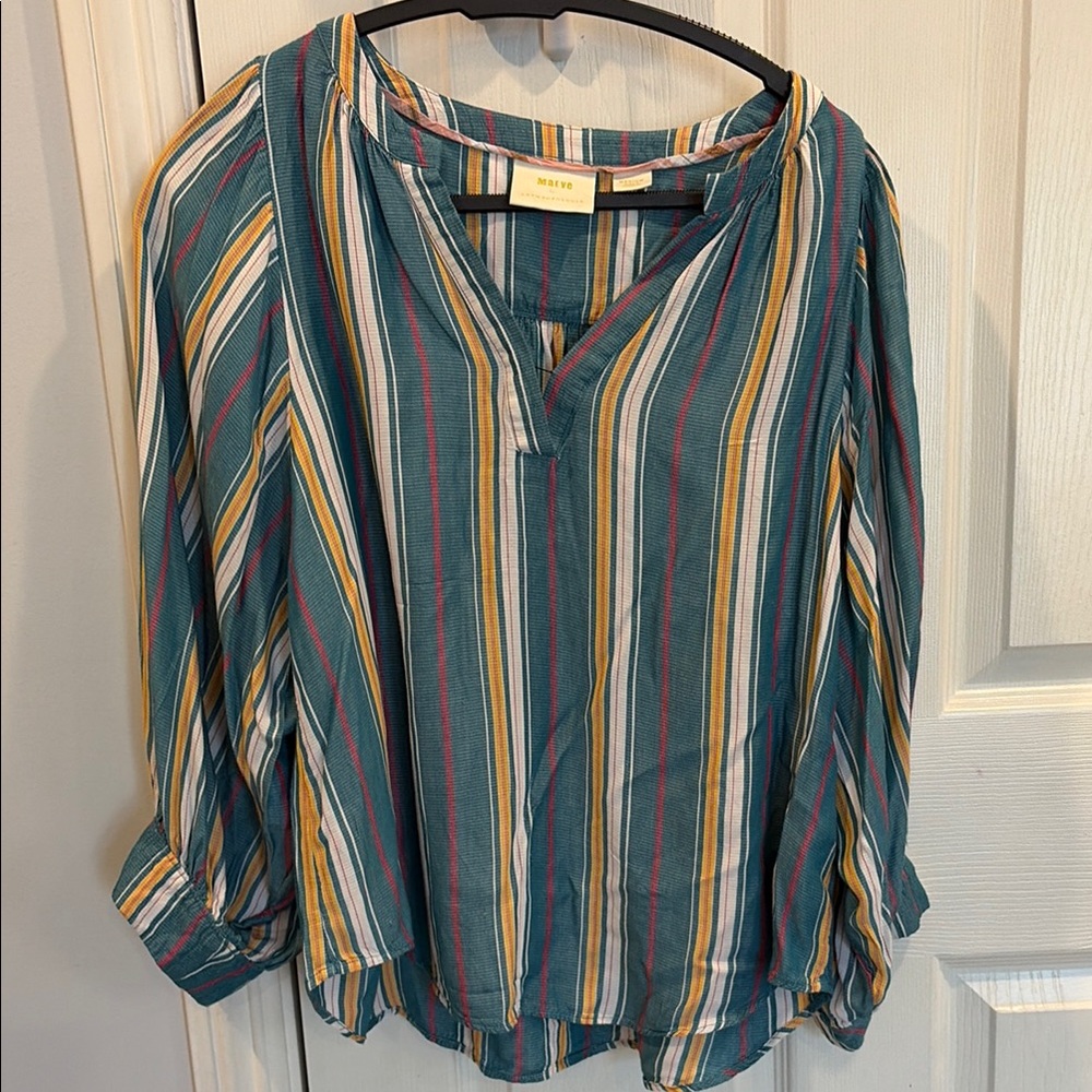Maeve Teal Striped Split-Neck Peasant Blouse